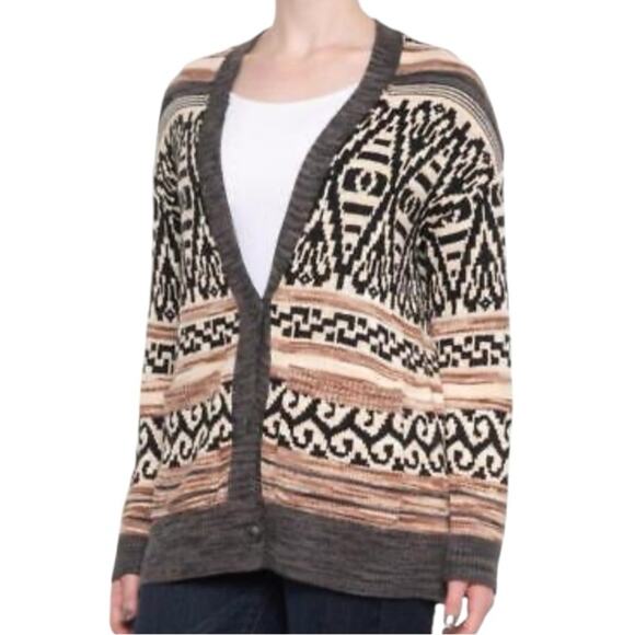 Lucky Brand Jacquard Cotton Blend Boyfriend Cardigan Western Sweater Size Small - Picture 1 of 15